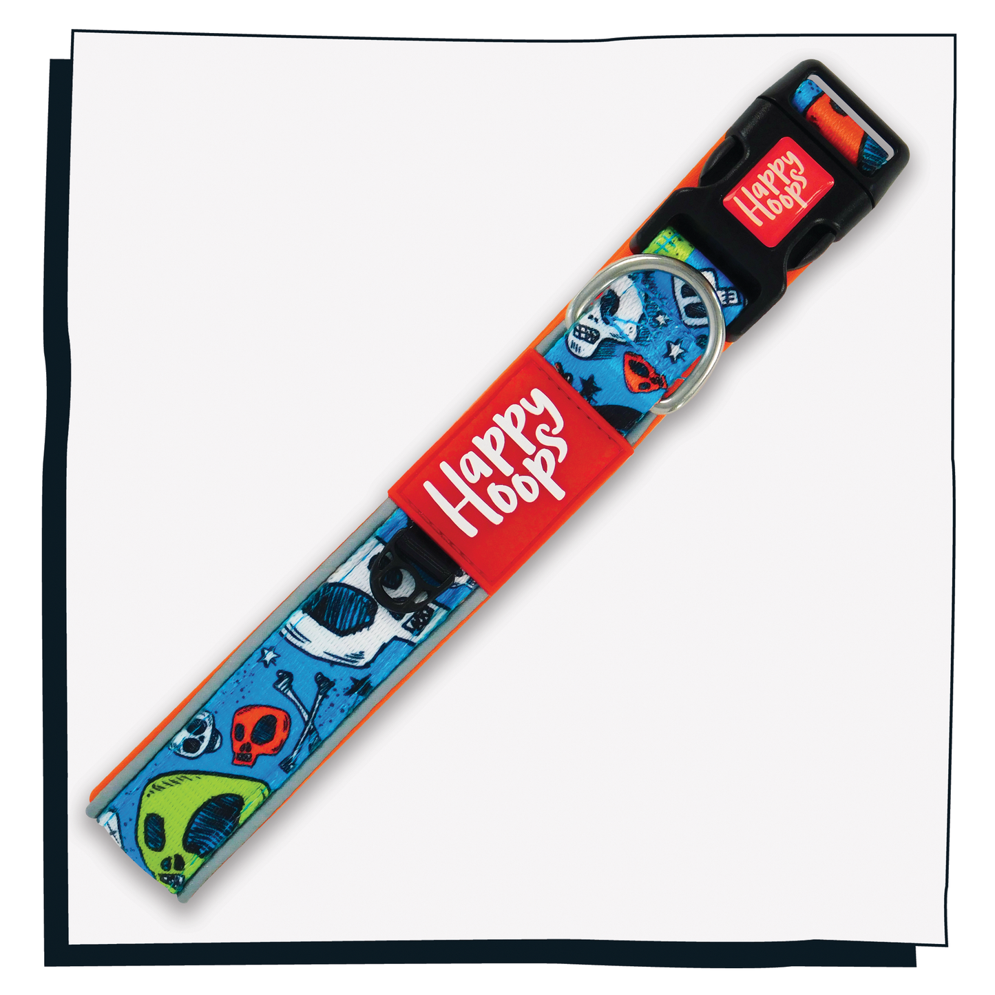 Happy Hoops blue and orange dog collar with funky skull and bones design with plush orange neoprene padding, reflective strips and velcro size adjustment