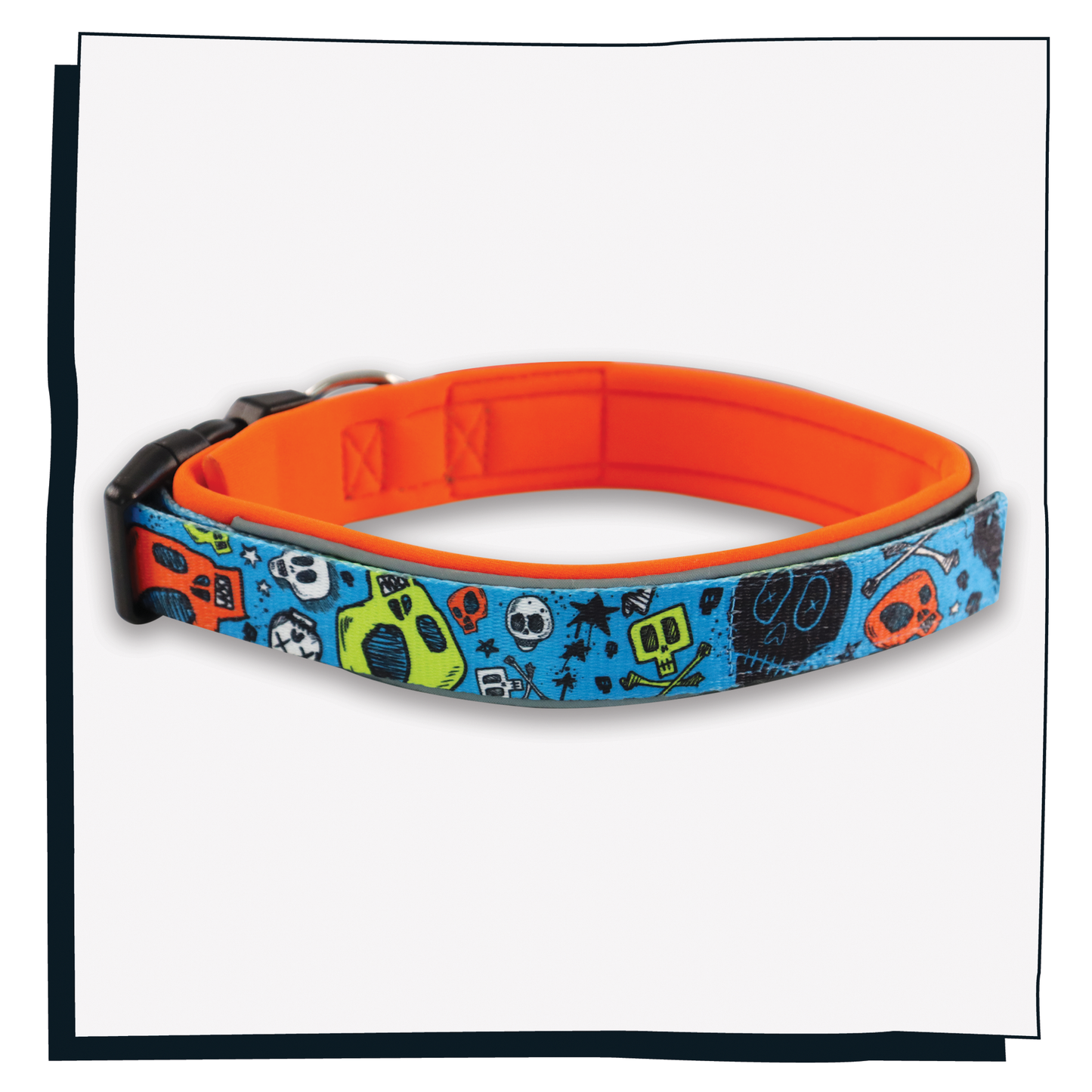 Happy Hoops blue and orange dog collar with funky skull and bones design with plush orange neoprene padding, reflective strips and velcro size adjustment