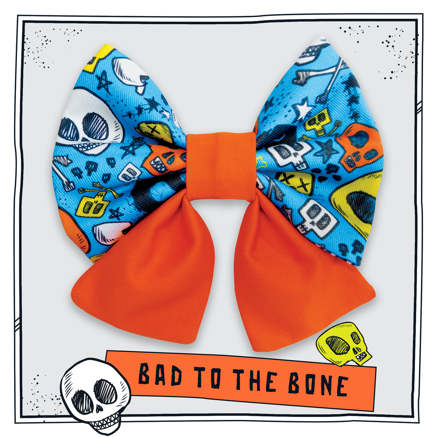 Happy Hoops orange bow tie with blue skull and bones pattern