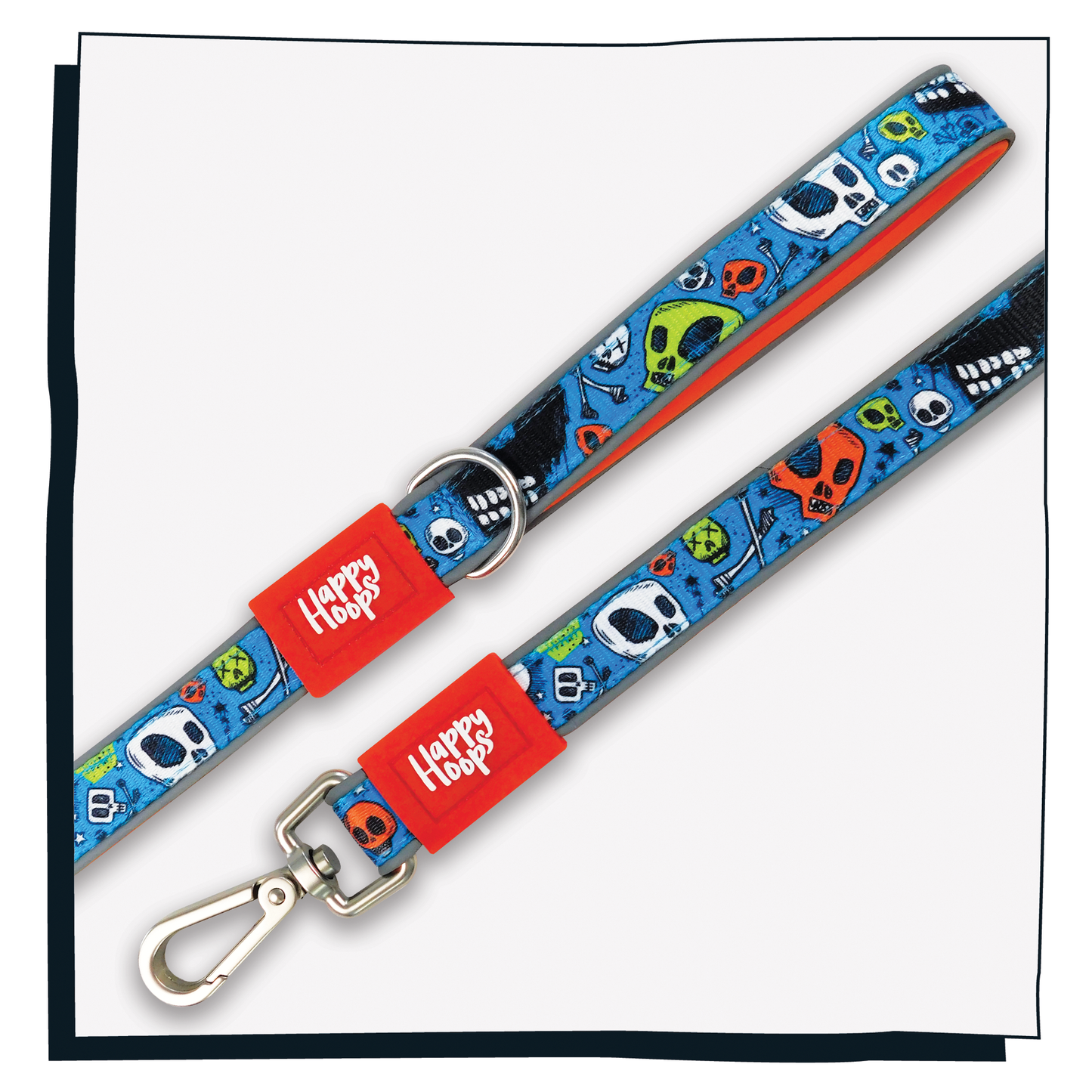 Aerial view of blue and orange Happy Hoops dog lead with funky skull and bone print design with plush orange neoprene padding, reflective strips, robust 360 degree metal rotating clasp and rust proof stainless steel D-ring.