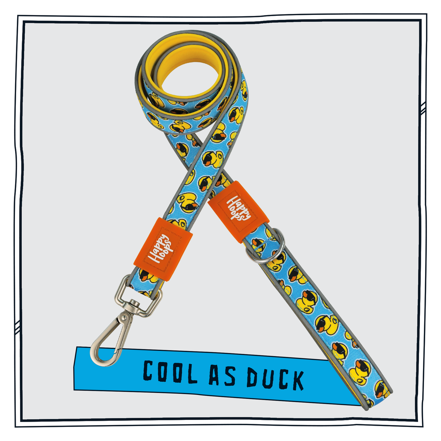 Happy Hoops 'Cool as Duck' dog lead with funky duck pattern in blue and yellow with reflective strips