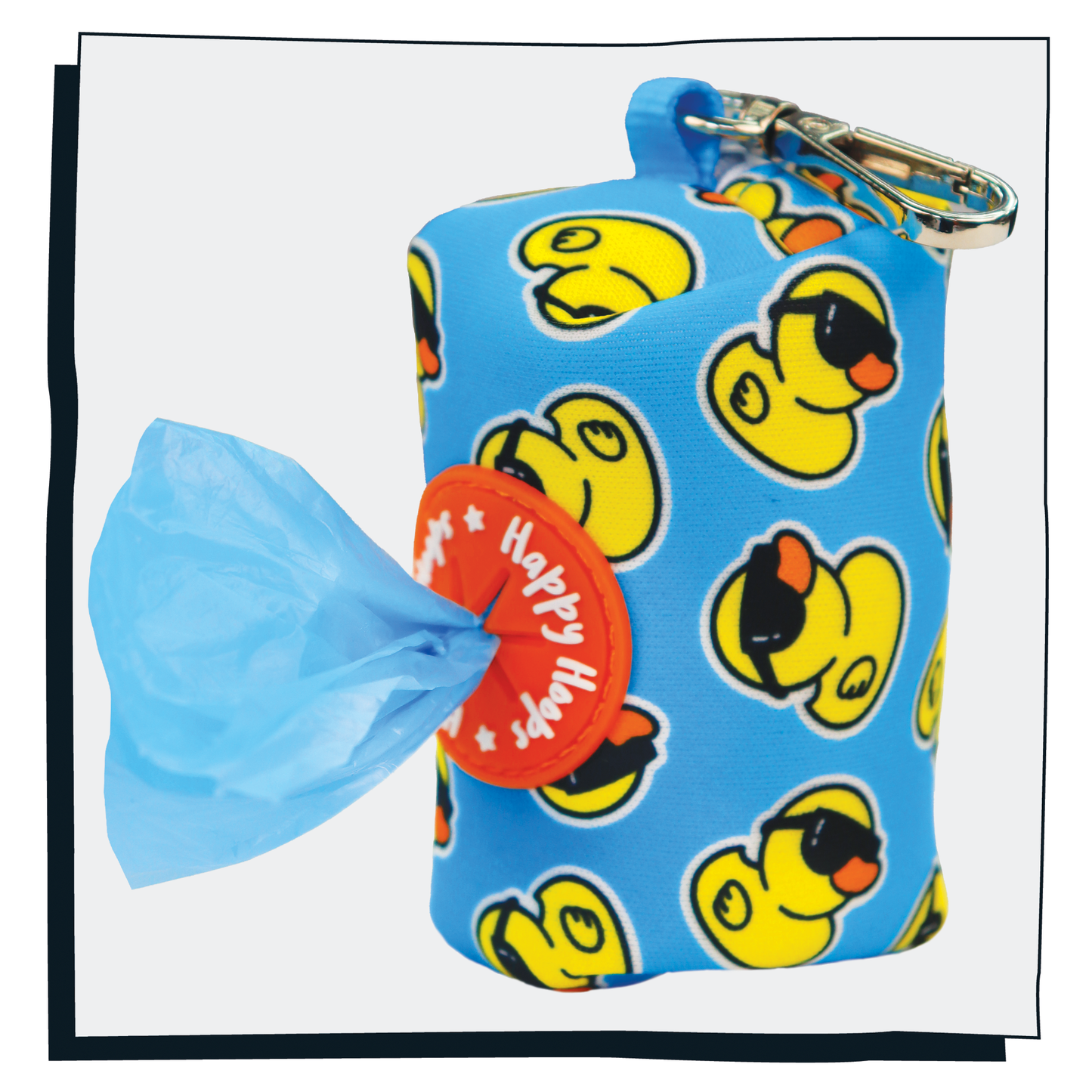 Happy Hoops 'Cool as Duck' blue and yellow poop bag dispenser with rubber duck pattern and blue poop bag at side angle