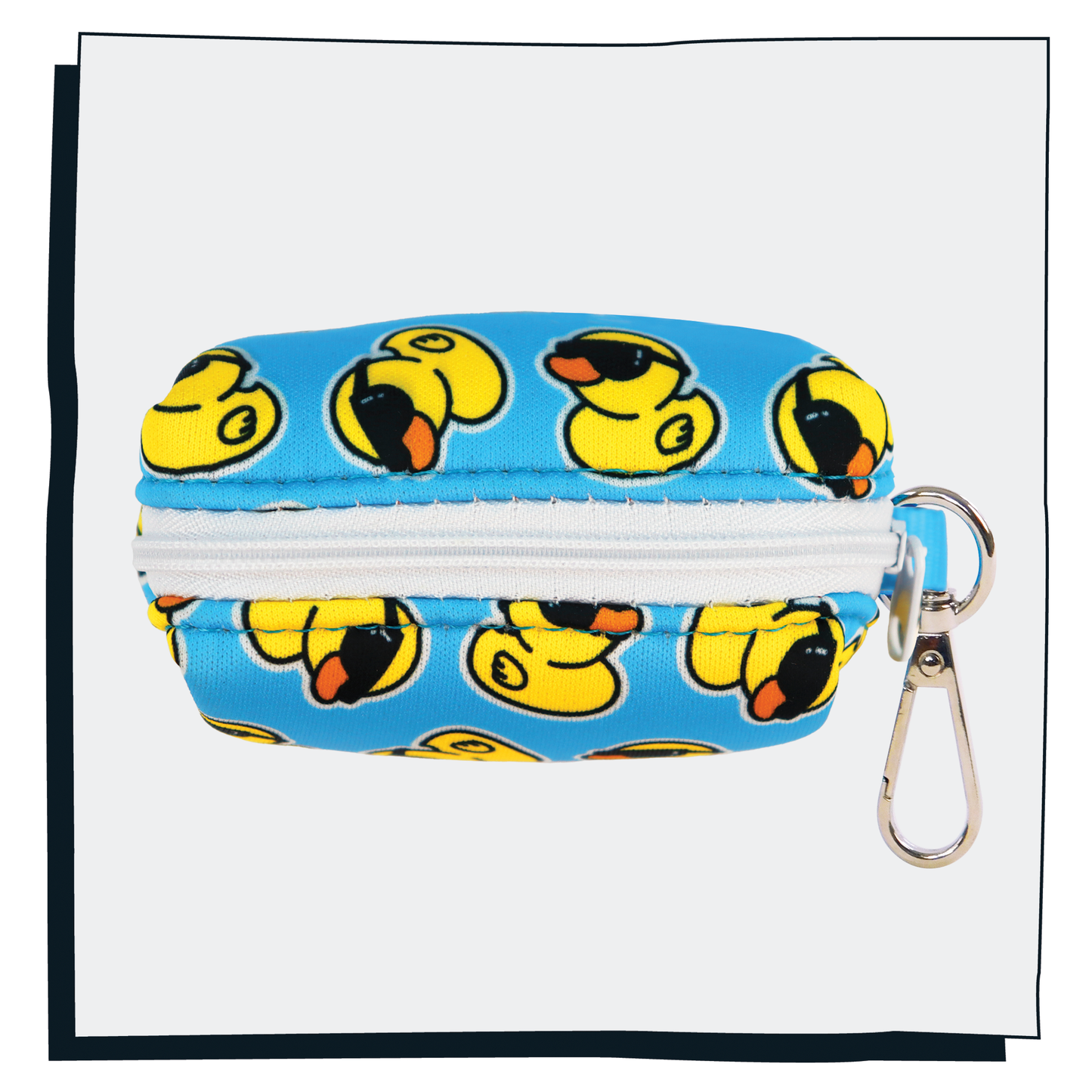 Happy Hoops 'Cool as Duck' blue and yellow poop bag dispenser with rubber duck pattern and blue poop bag with white zip