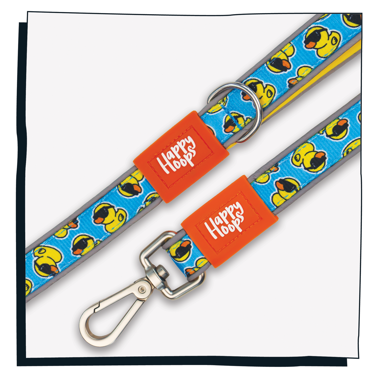 Happy Hoops 'Cool as Duck' dog lead with funky duck pattern in blue and yellow with reflective strips