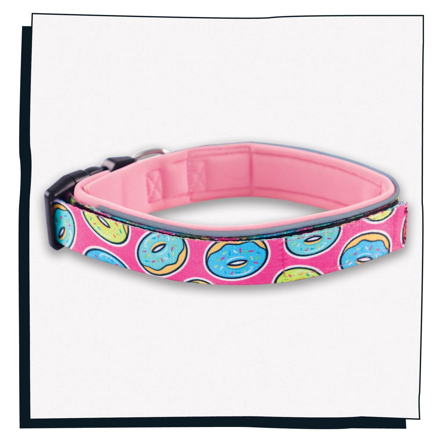 Pink Happy Hoops dog collar with funky donut print design with plush pink neoprene padding, reflective strips and velcro size adjustment