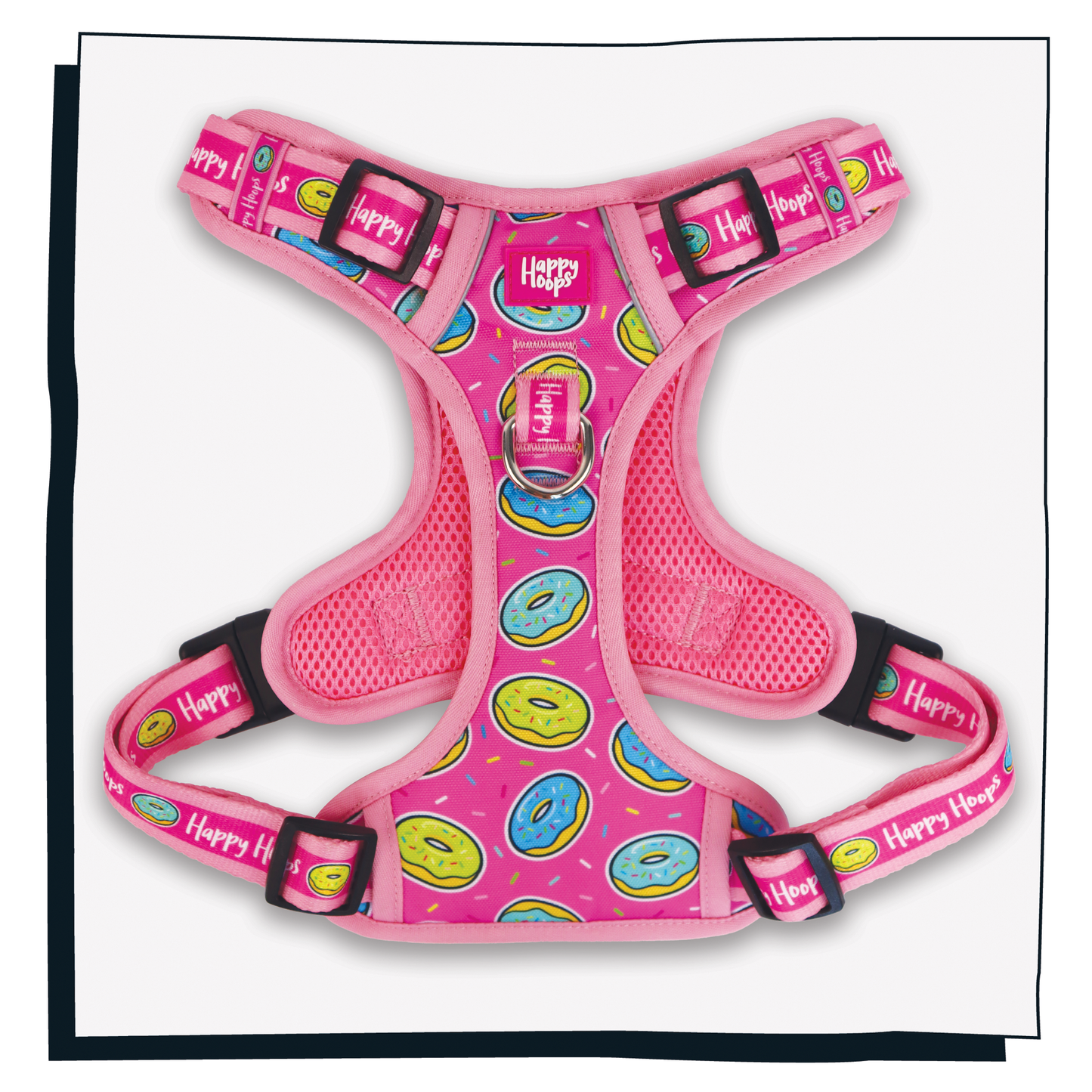Happy Hoops Doggy Donut funky pink doughnut dog harness with colourful donut pattern