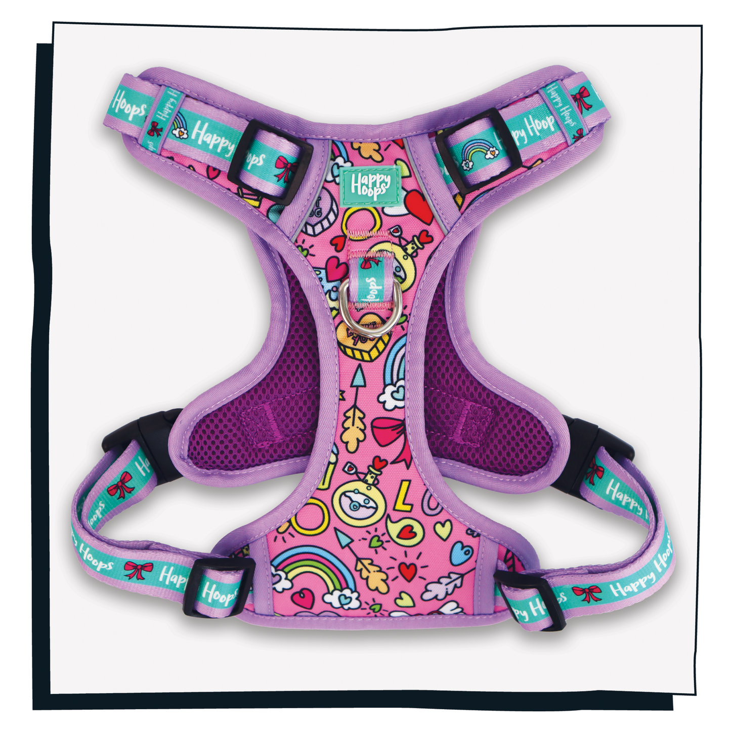 Happy Hoops Puppy Love dog harness with funky multicolour love pattern in lilac