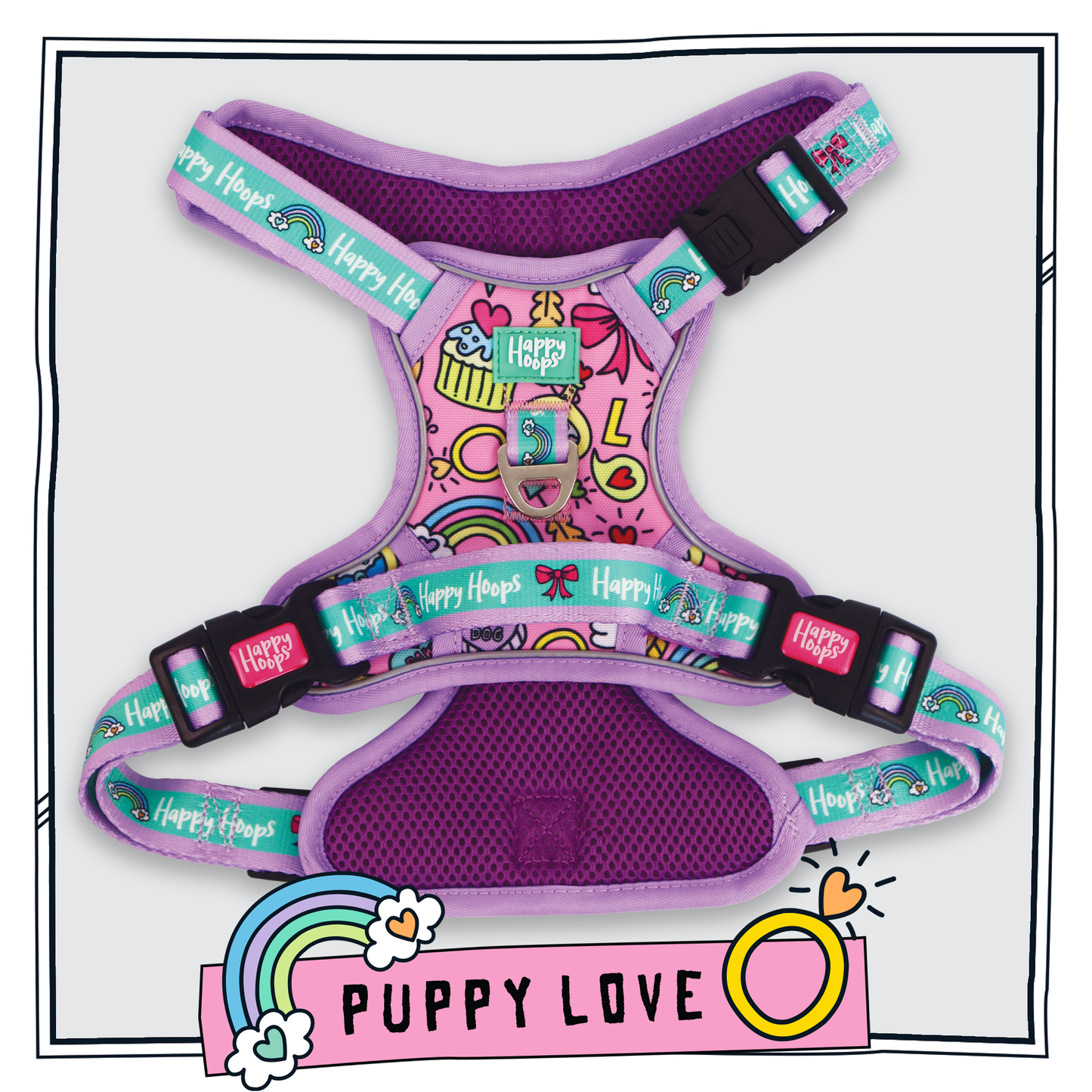 Happy Hoops Puppy Love dog harness with grab handle with funky multicolour love pattern in lilac and pink