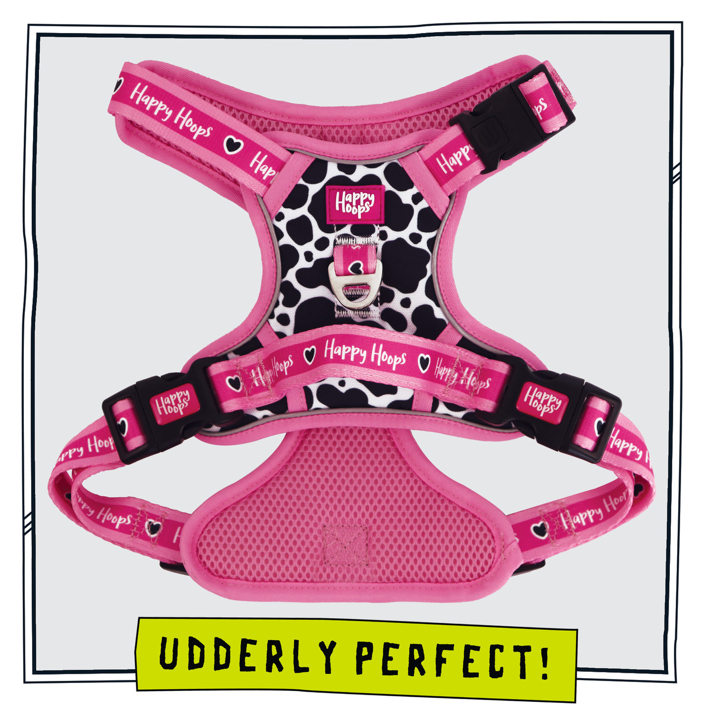 Happy Hoops 'Udderly Perfect' cow print funky dog harness in pink, black and white with grab handle