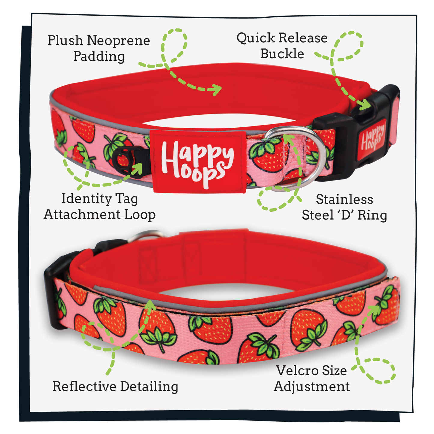 Happy Hoops 'Strawbabe' dog collar strawberry print design collar benefits description