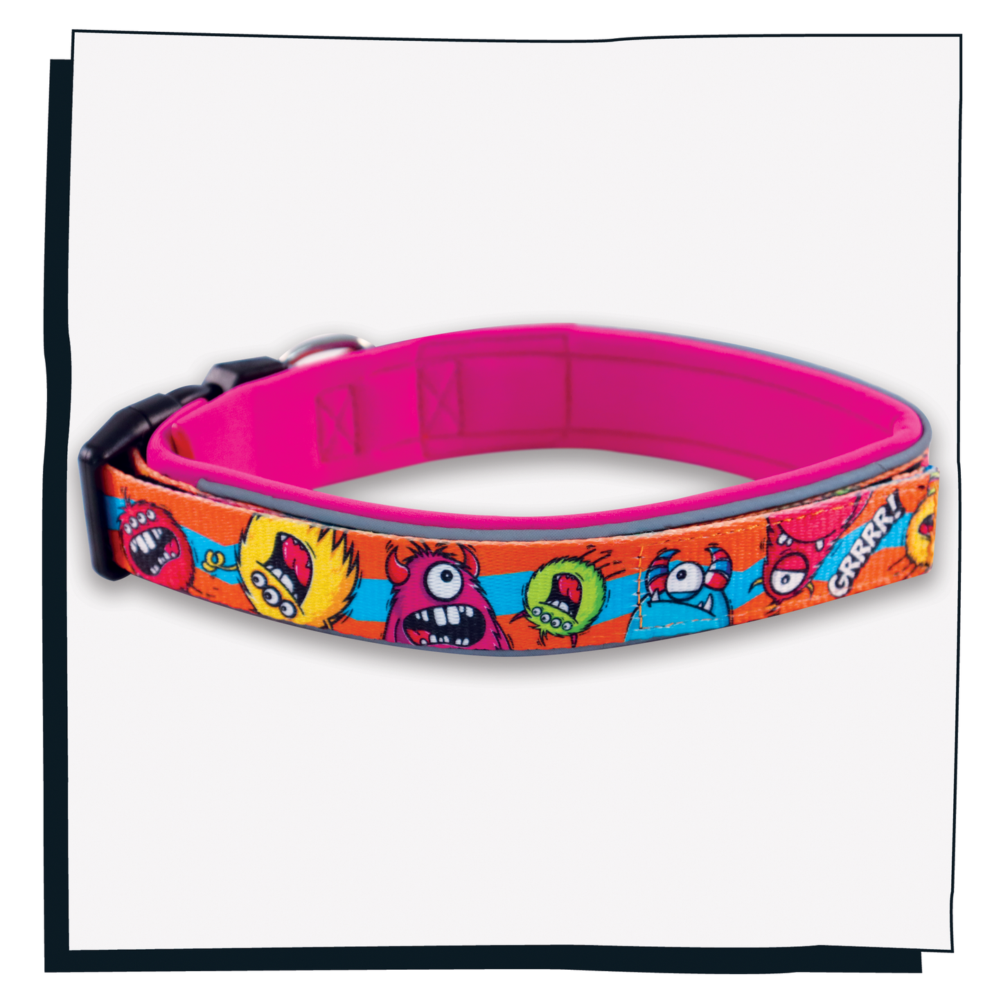 Happy Hoops cute and funky multicolour dog collar with colourful cartoon monster design with plush purple neoprene padding, reflective strips and velcro size adjustment