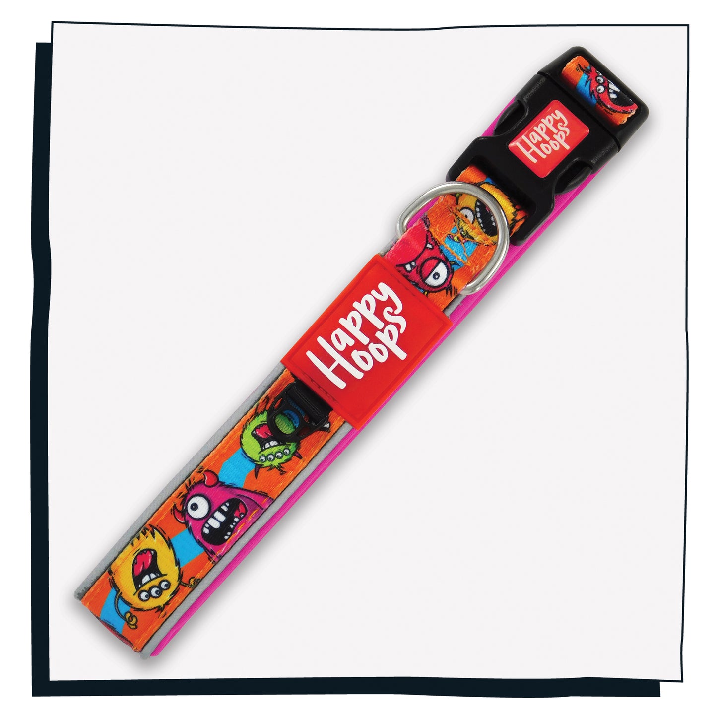 Happy Hoops cute and funky multicolour dog collar with colourful monster design with plush purple neoprene padding, reflective strips and velcro size adjustment