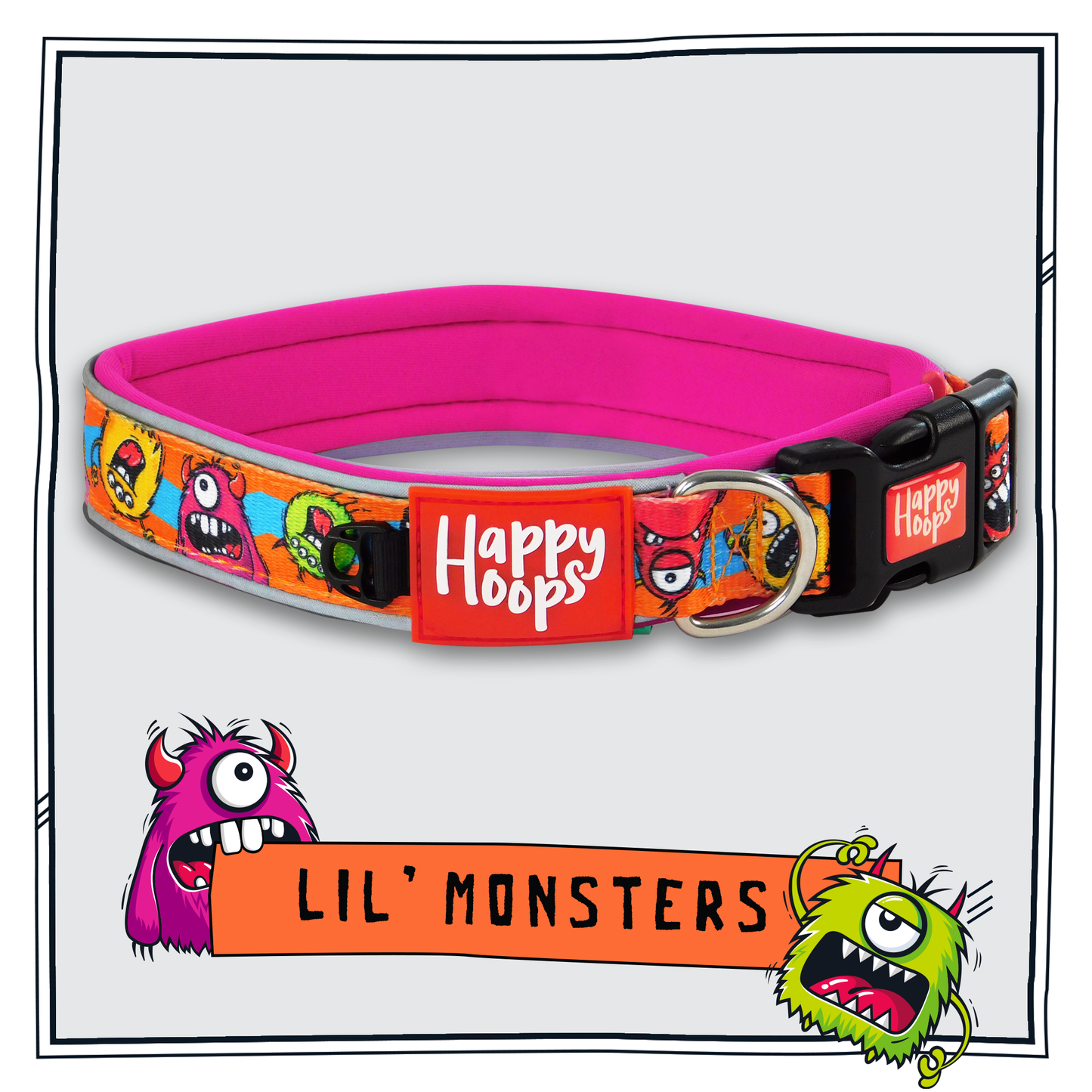 Happy Hoops cute and funky multicolour dog collar with cute colourful monster design with plush purple neoprene padding, reflective strips and velcro size adjustment