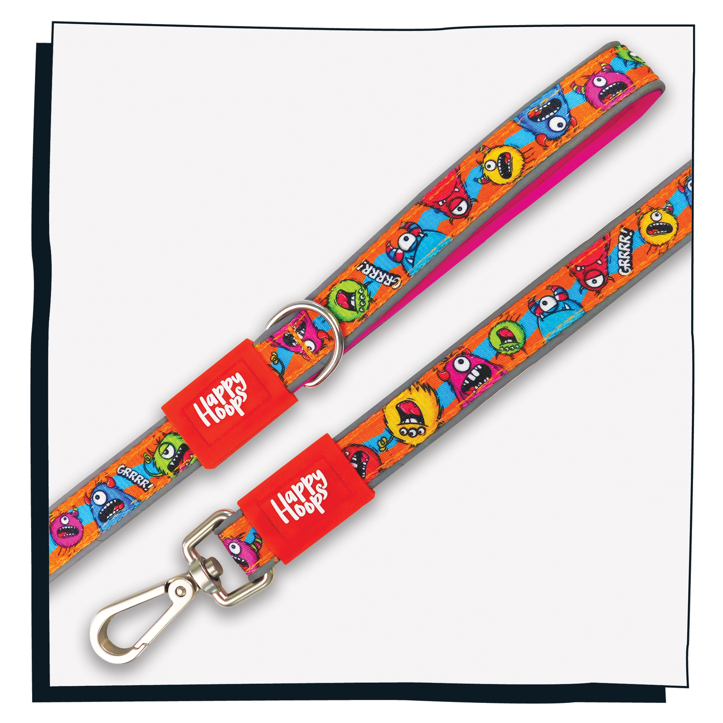 Aerial view of orange and purple Happy Hoops dog lead with funky monsters print design with plush purple neoprene padding, reflective strips, robust 360 degree metal rotating clasp and rust proof stainless steel D-ring.