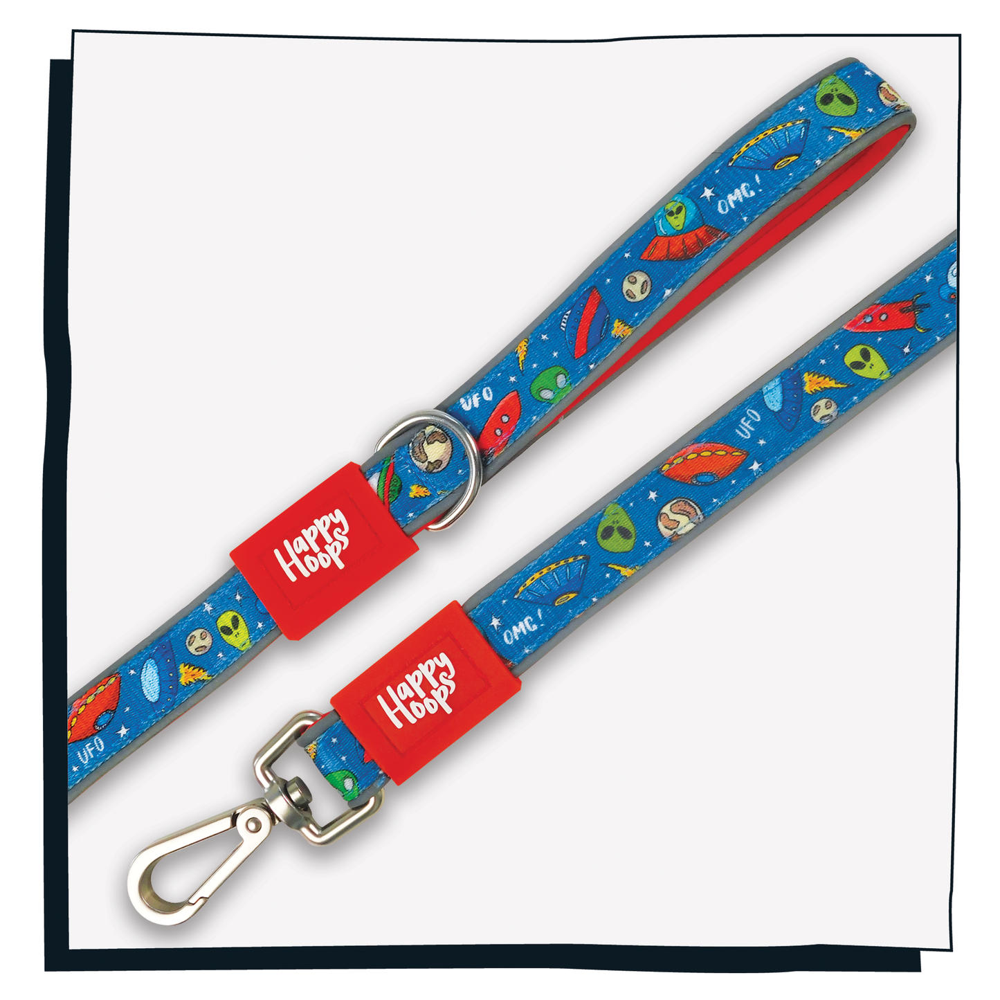 Aerial view of colourful Happy Hoops dog lead with funky alien and UFO print design with plush red neoprene padding, reflective strips, robust 360 degree metal rotating clasp and rust proof stainless steel D-ring.