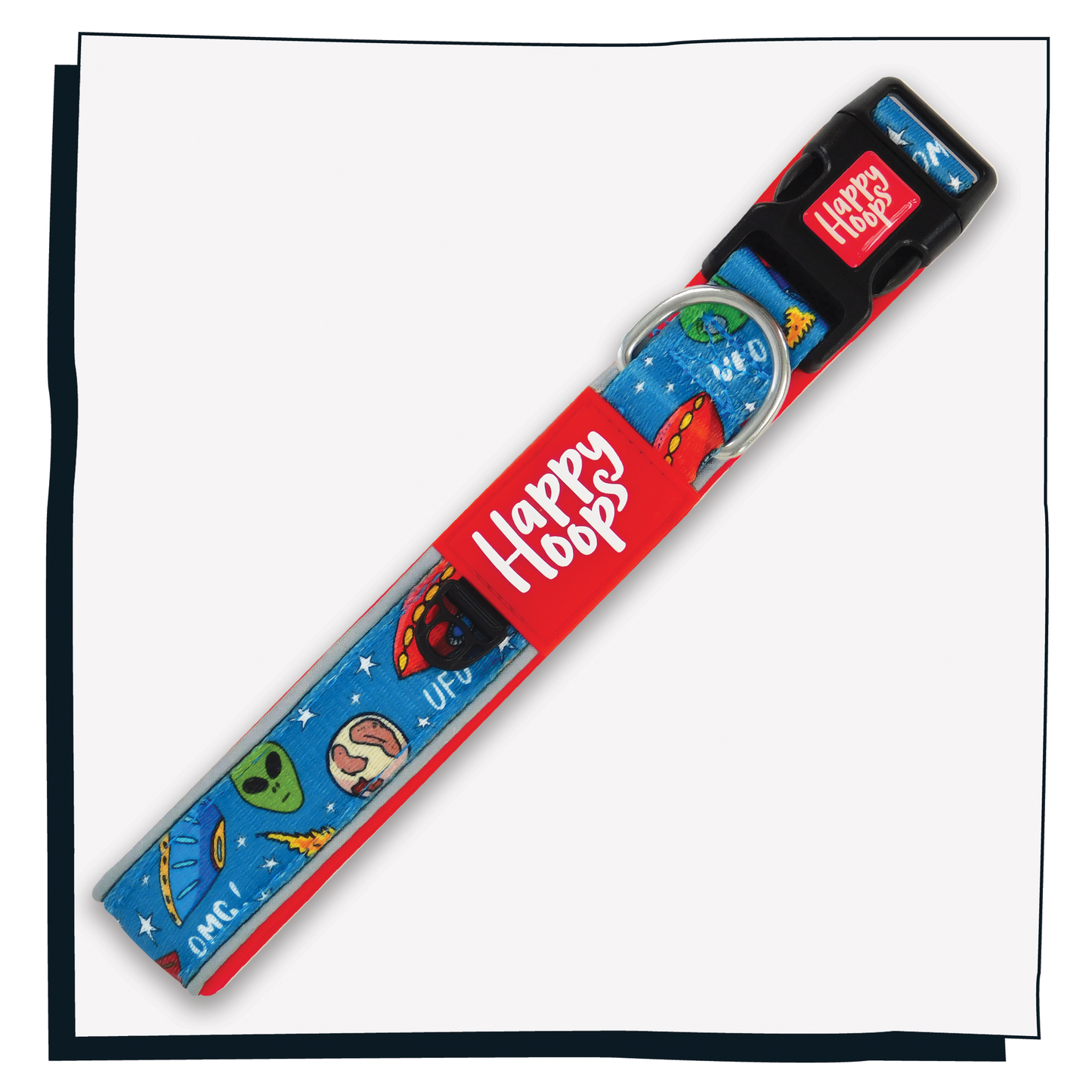 Happy Hoops 'Out of this World' cute and funky dog collar with colourful alien design with plush red neoprene padding and velcro size adjustment