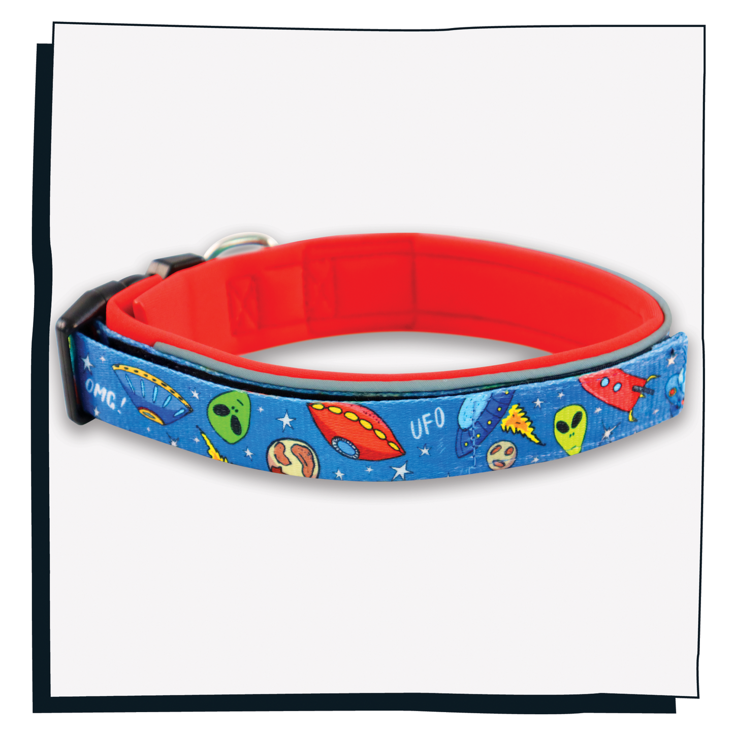 Happy Hoops 'Out of this World' cute and funky dog collar with colourful alien design with plush red neoprene padding and velcro size adjustment