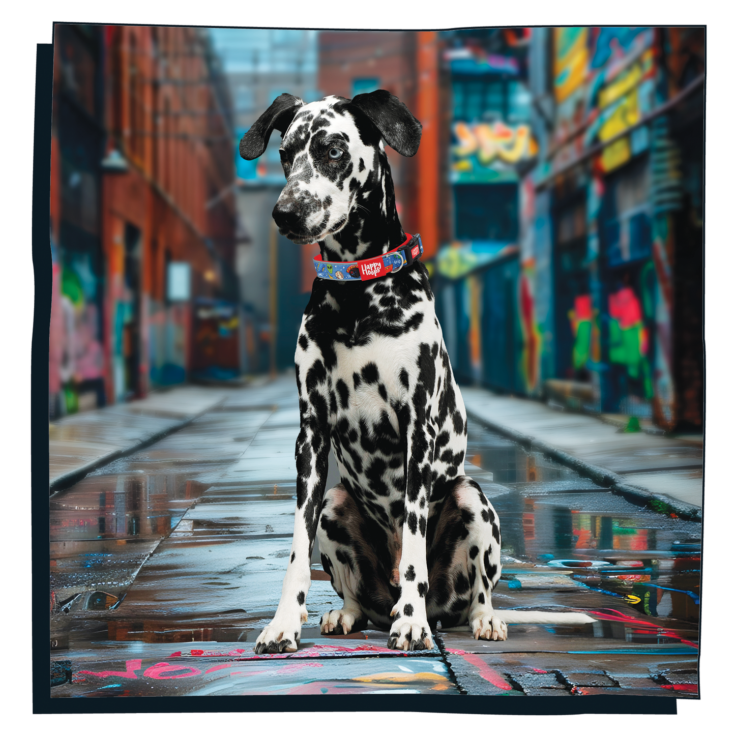 Dalmation Dog wearing Happy Hoops 'Out of this World' cute and funky dog collar with colourful alien design with plush red neoprene padding and velcro size adjustment