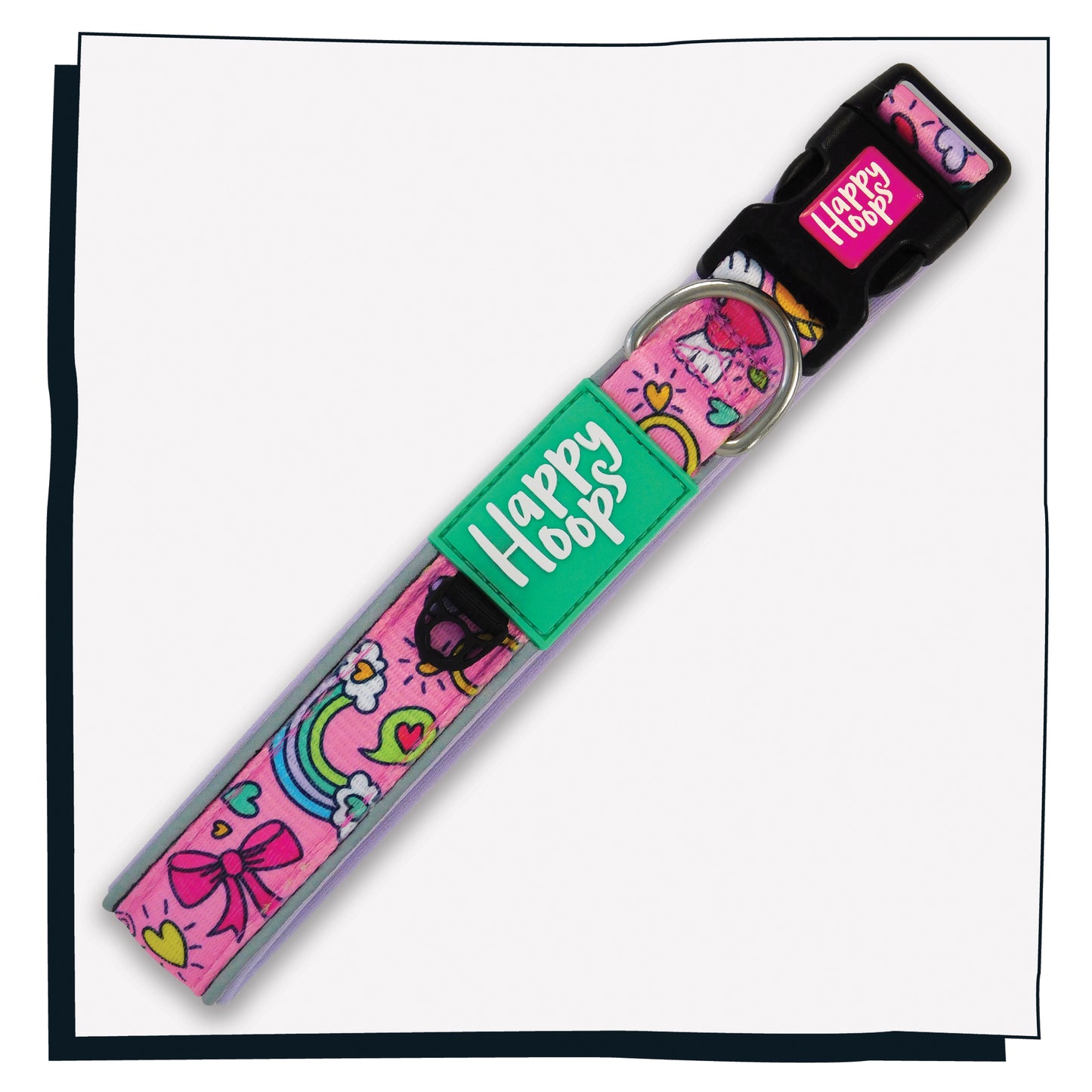 Pink Happy Hoops dog collar with colourful and funky love design with plush lilac neoprene padding, reflective strips and velcro size adjustment