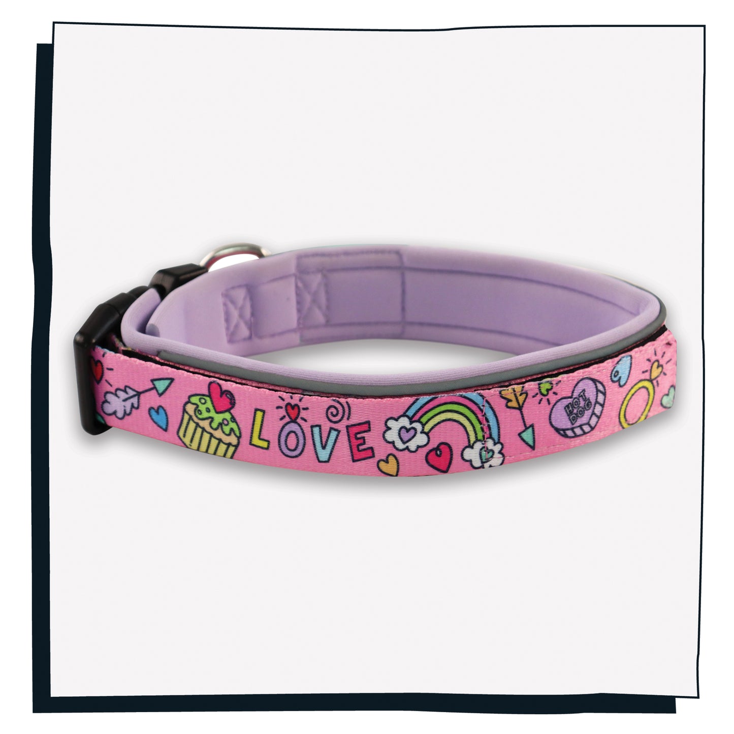 Pink Happy Hoops dog collar with colourful and funky love design with plush lilac neoprene padding, reflective strips and velcro size adjustment