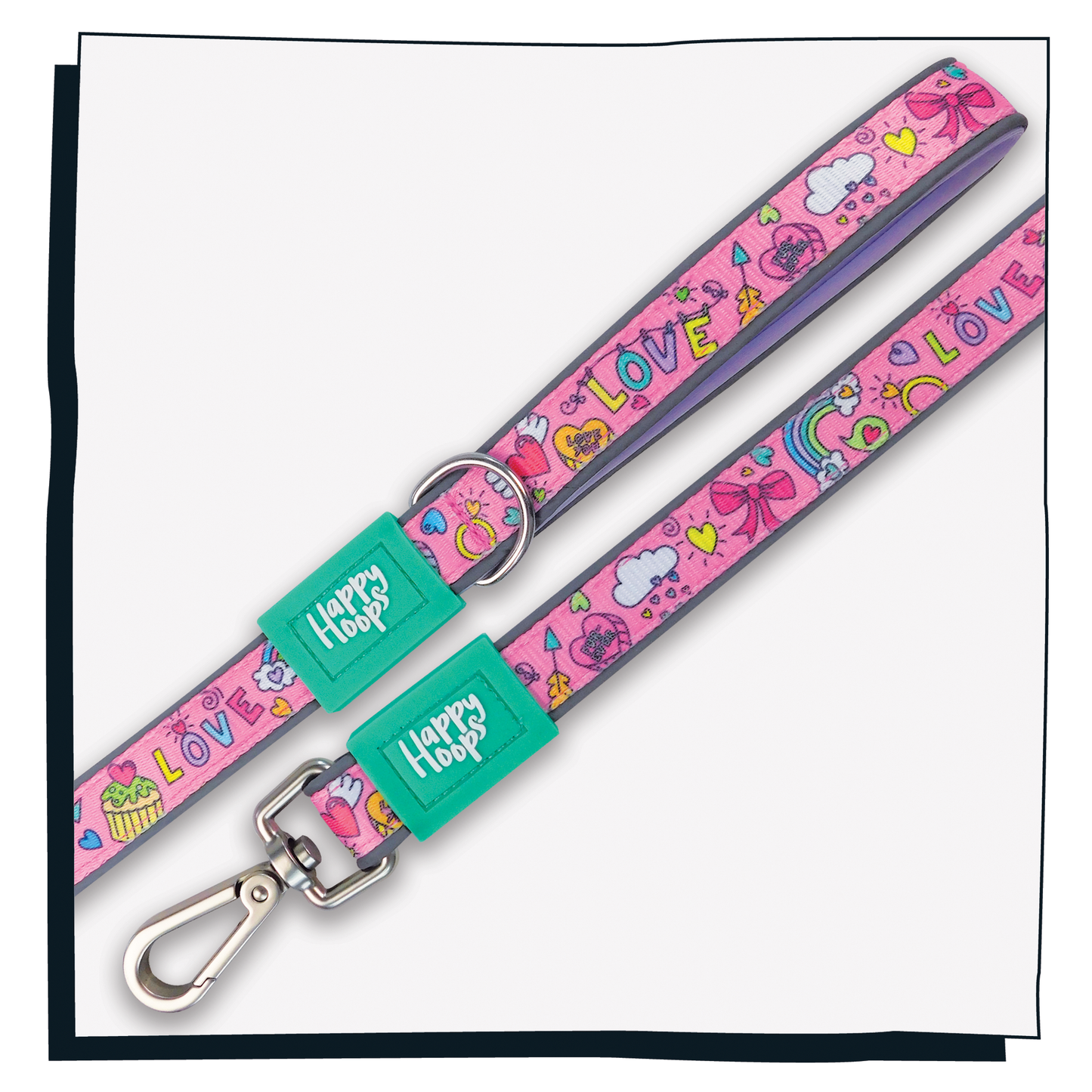 Aerial view of pink Happy Hoops dog lead with funky love print design with plush lilac neoprene padding, reflective strips, robust 360 degree metal rotating clasp and rust proof stainless steel D-ring.