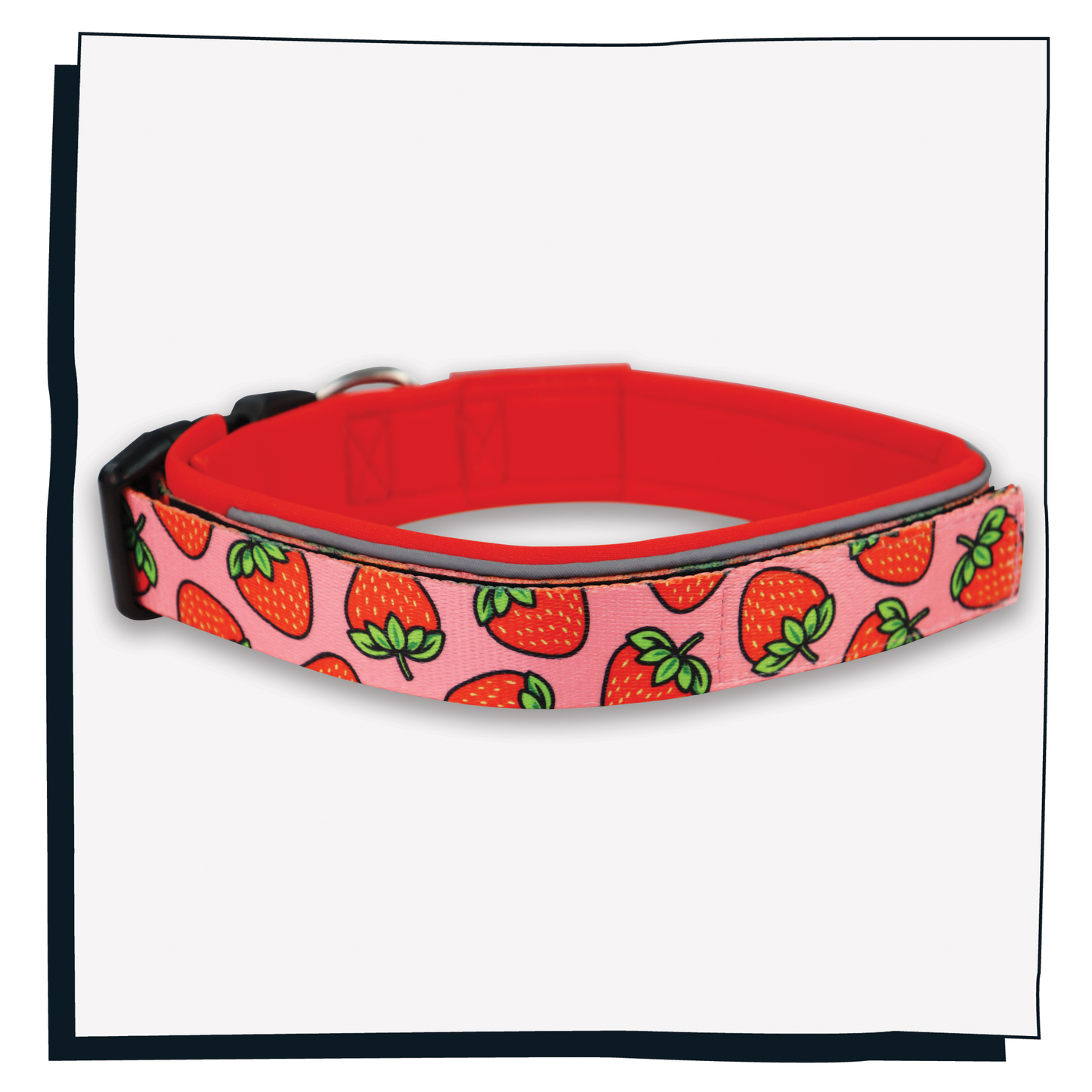 Happy Hoops 'Strawbabe' dog collar in pink and red with strawberry print pattern and reflective strips and velcro size adjustment