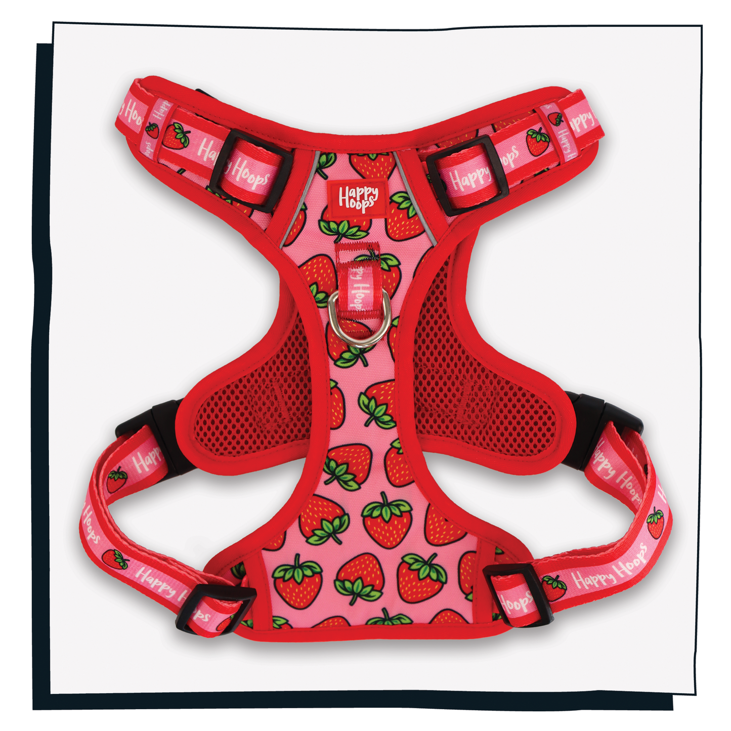 Happy Hoops 'Strawbabe' dog harness with bright and funky red and pink strawberry pattern