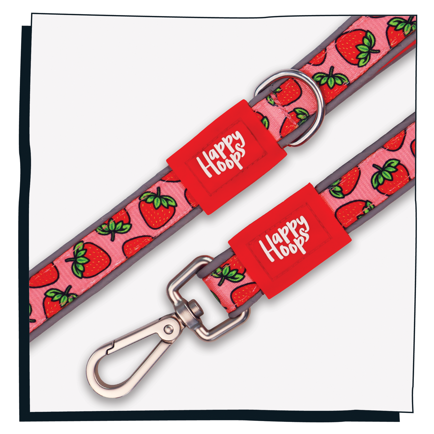 Happy Hoops 'Strawbabe' dog lead with funky strawberry pattern in pink and red with reflective strips
