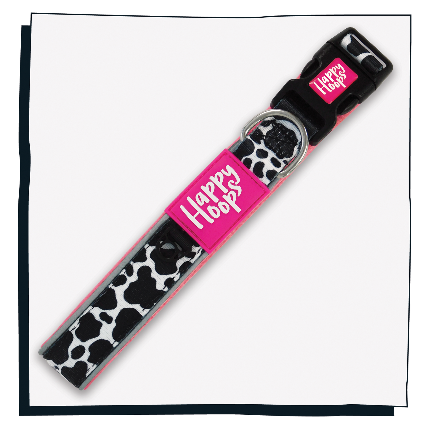 Pink Happy Hoops dog collar with funky cow print design with plush pink neoprene padding, reflective strips and velcro size adjustment