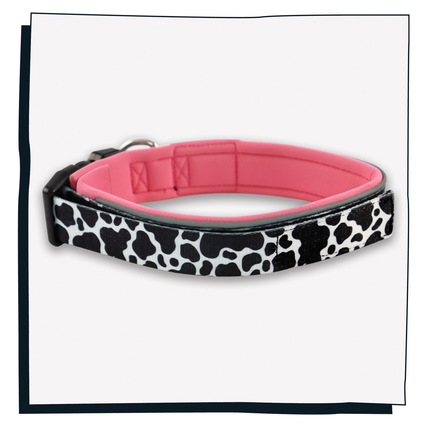 Pink rear of Happy Hoops collar with funky cow print design with plush pink neoprene padding, reflective strips and velcro size adjustment