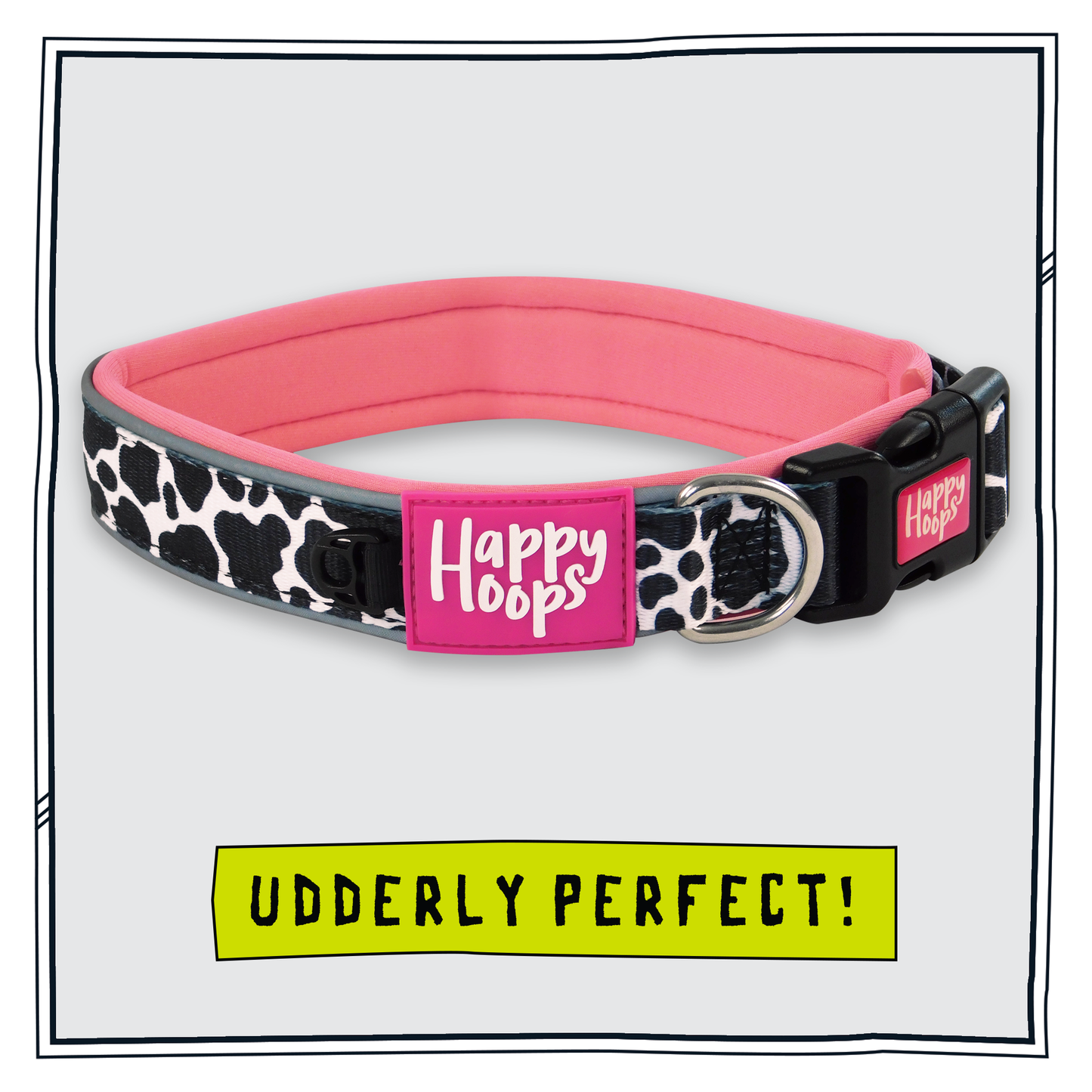 Pink Happy Hoops dog collar with funky cow print design with plush pink neoprene padding, reflective strips and velcro size adjustment