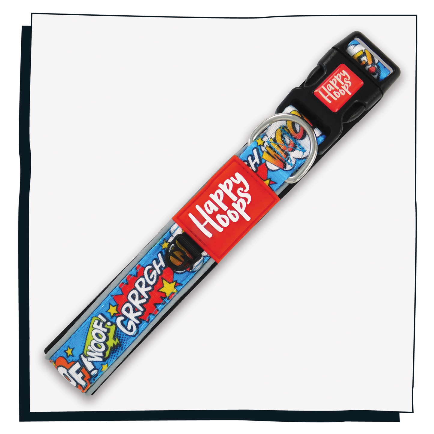 Happy Hoops cute and funky multicolour dog collar with cute colourful Woof design with plush black neoprene padding, reflective strips and velcro size adjustment
