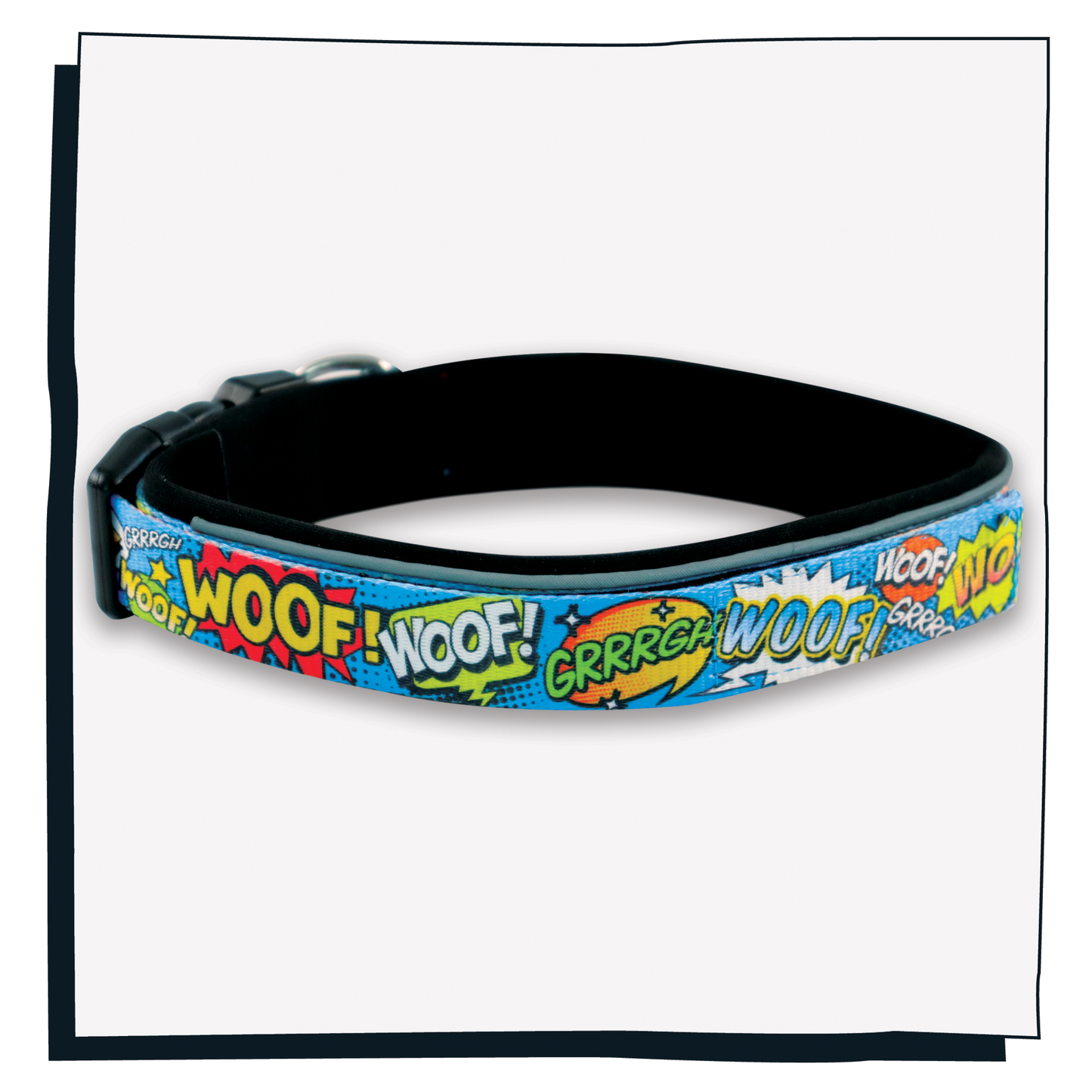 Happy Hoops cute and funky multicolour dog collar with cute colourful Woof design with plush black neoprene padding, reflective strips and velcro size adjustment