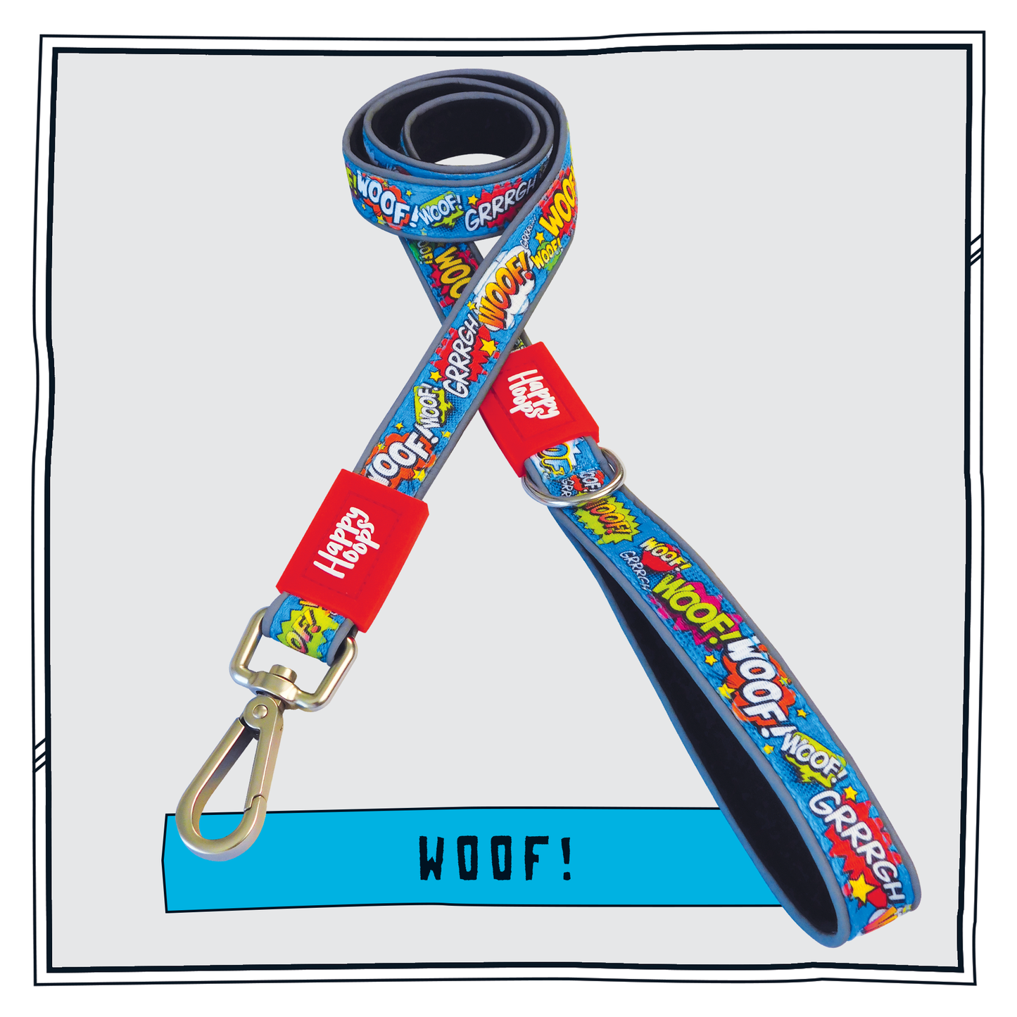 Blue Happy Hoops dog lead with funky dog bark print design with plush black neoprene padding, reflective strips, robust 360 degree metal rotating clasp and rust proof stainless steel D-ring.