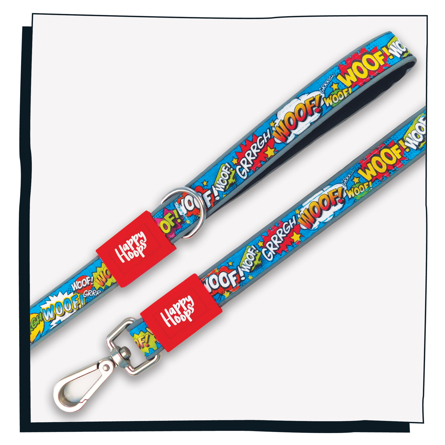 Aerial view of blue Happy Hoops dog lead with funky dog bark print design with plush black neoprene padding, reflective strips, robust 360 degree metal rotating clasp and rust proof stainless steel D-ring.