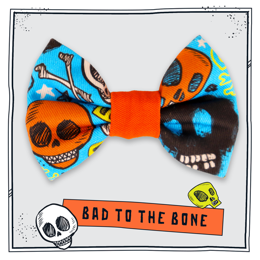 Happy Hoops Bad to the Bone small skull and bones print dog bow tie in orange and blue