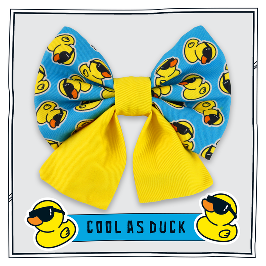 Large dog sailor bow - blue bow with yellow center and duck pattern with yellow bow tails