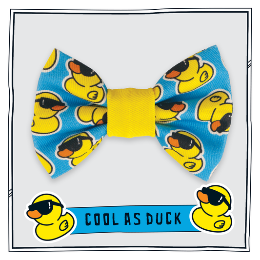 Happy Hoops small blue and yellow dog bow tie with rubber duck design