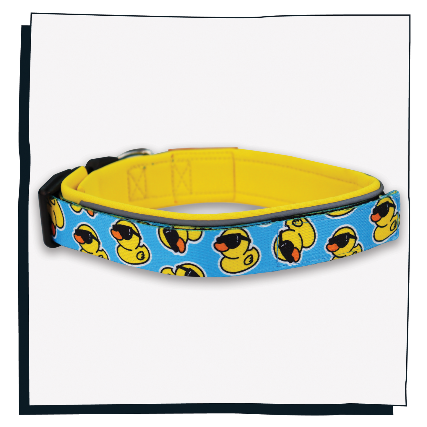 Happy Hoops 'Cool as Duck' dog collar with bright yellow and blue duck print pattern and reflective strips with velcro size adjustment