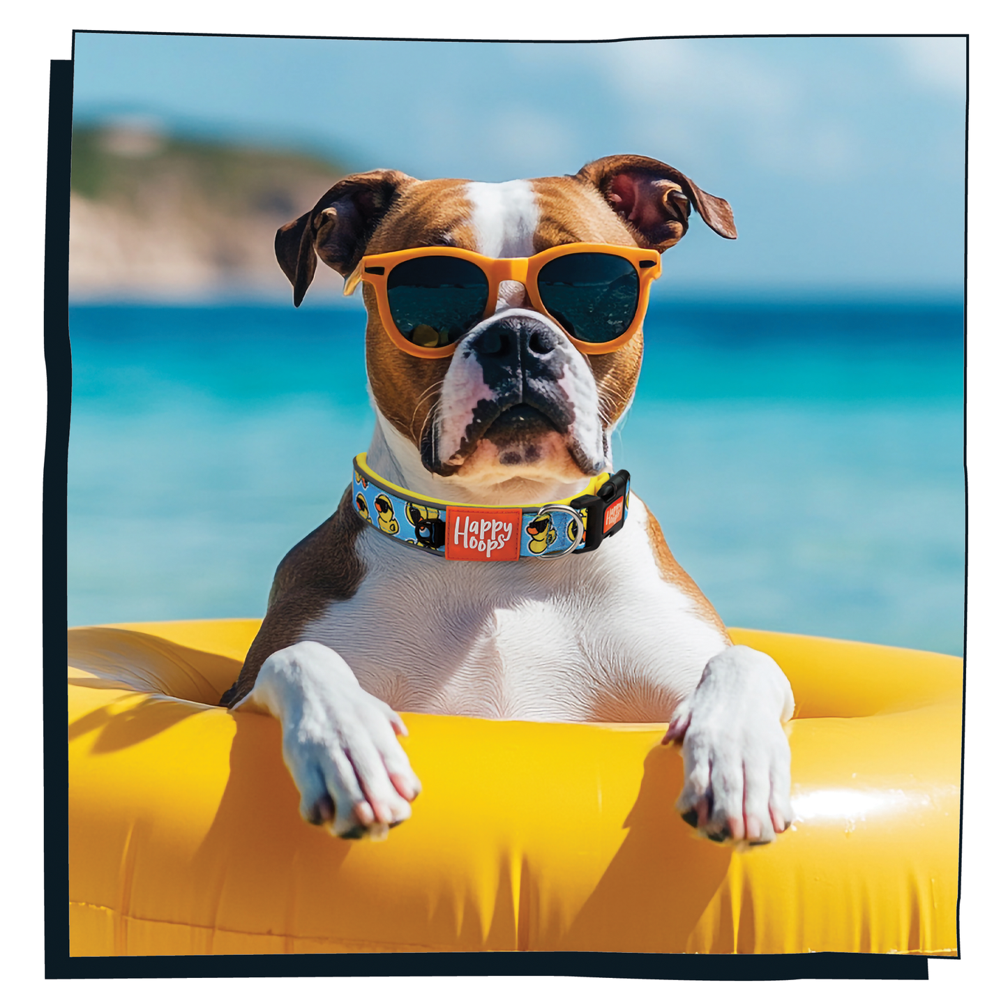 Boxer dog wearing Happy Hoops 'Cool as Duck' dog collar with a blue and yellow duck print pattern