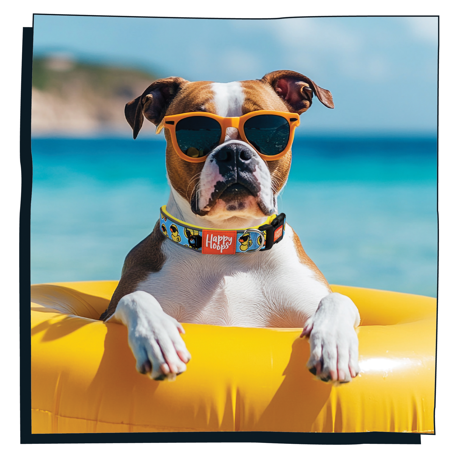 Boxer dog wearing Happy Hoops 'Cool as Duck' dog collar with a blue and yellow duck print pattern