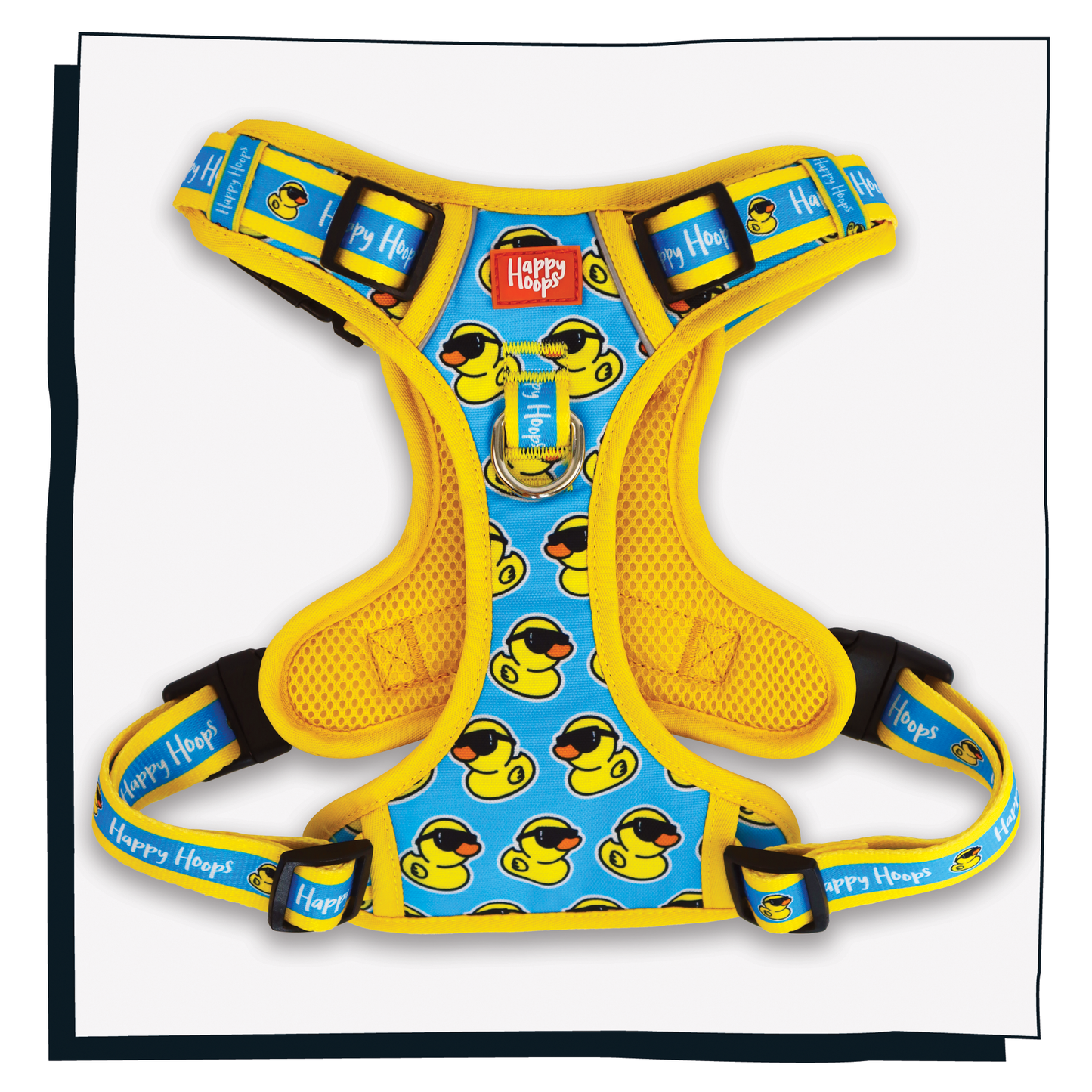 Happy Hoops 'Cool as Duck' funky dog harness with bright yellow and blue rubber duck pattern