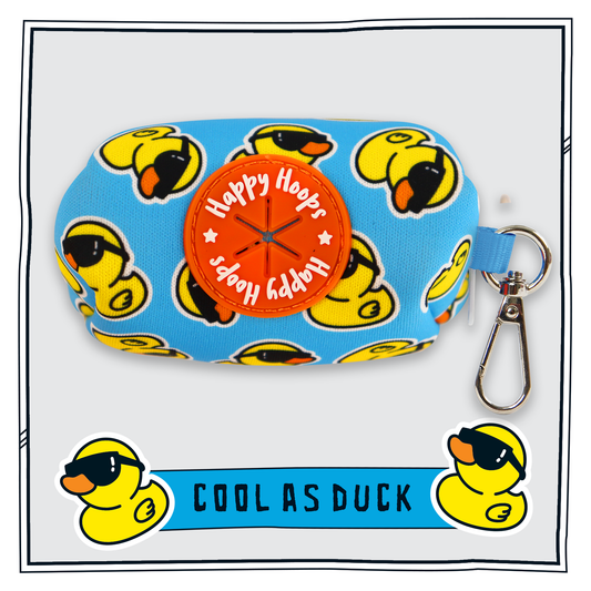 Happy Hoops 'Cool as Duck' blue and yellow poop bag dispenser with rubber duck pattern
