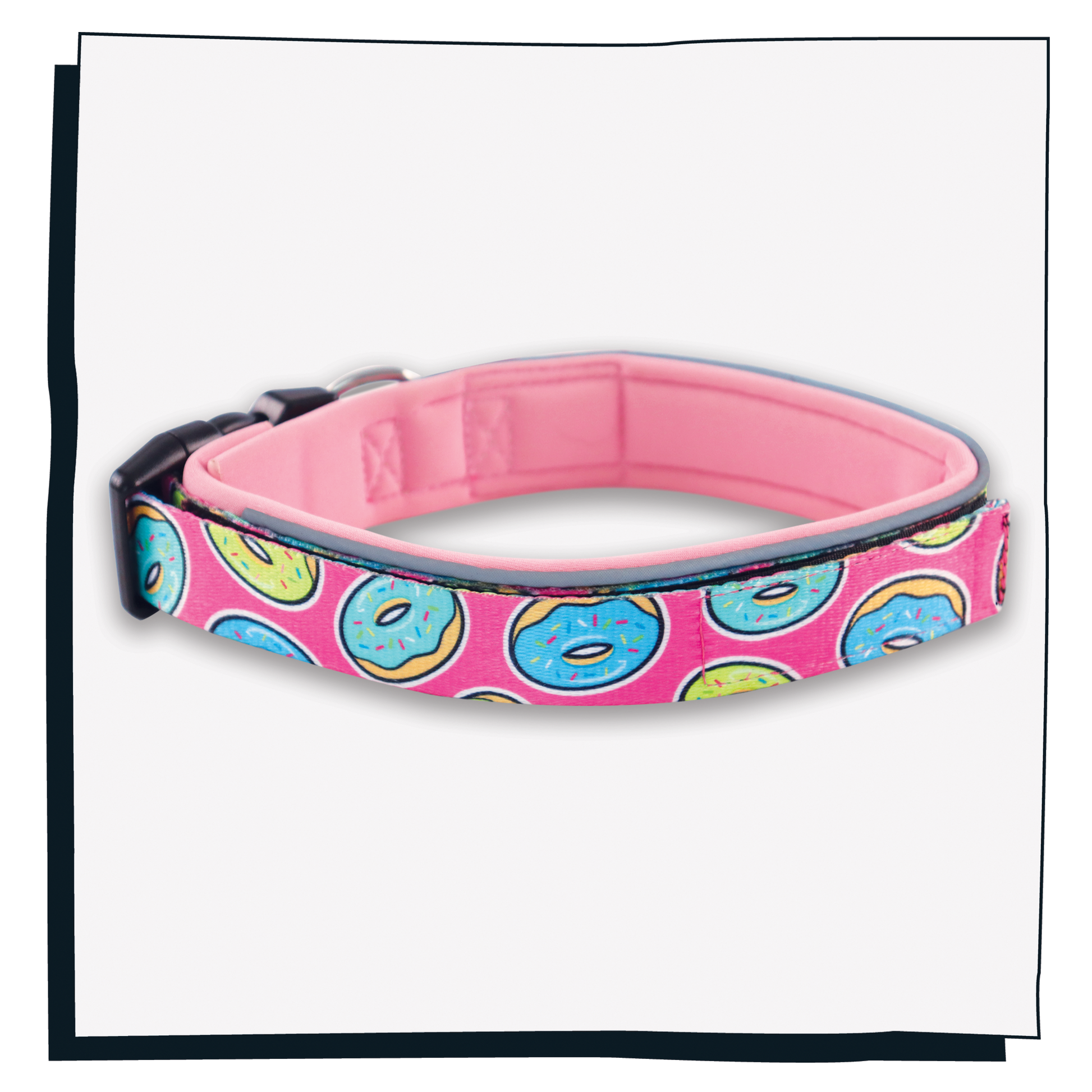 Pink Happy Hoops dog collar with funky donut print design with plush pink neoprene padding, reflective strips and velcro size adjustment