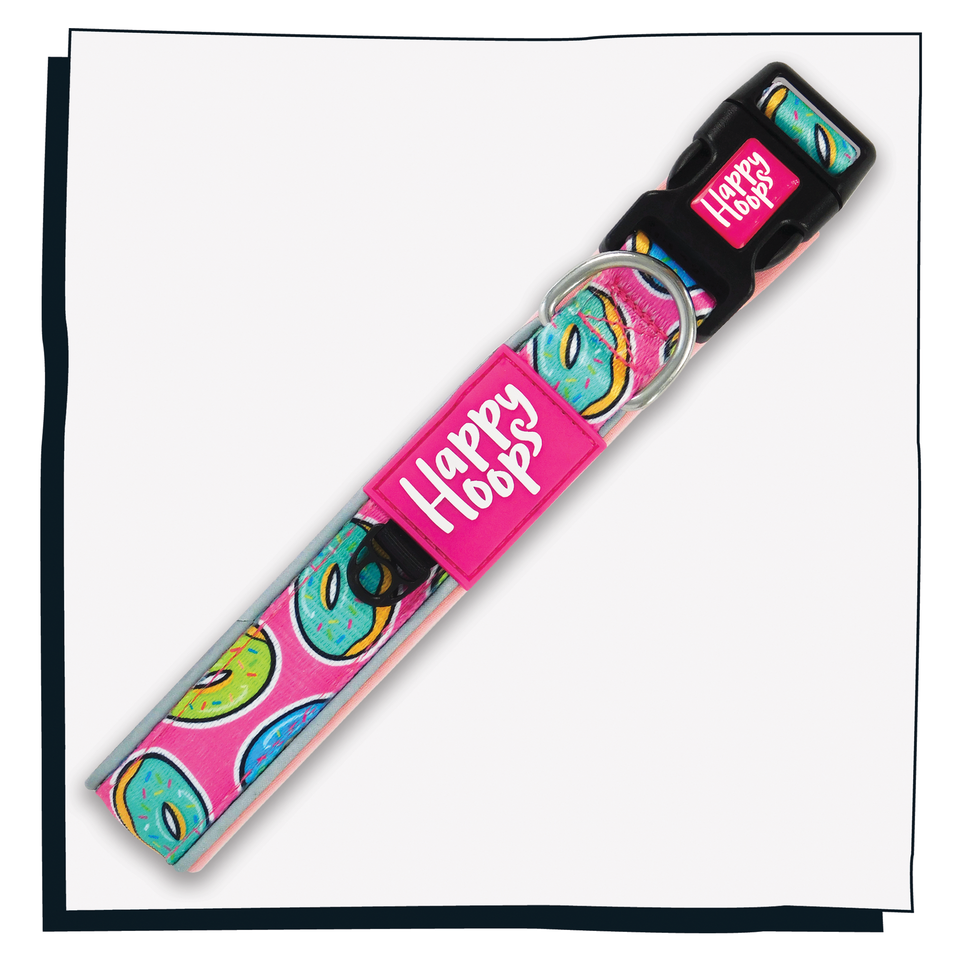 Pink Happy Hoops dog collar with funky donut print design with plush pink neoprene padding, reflective strips and velcro size adjustment
