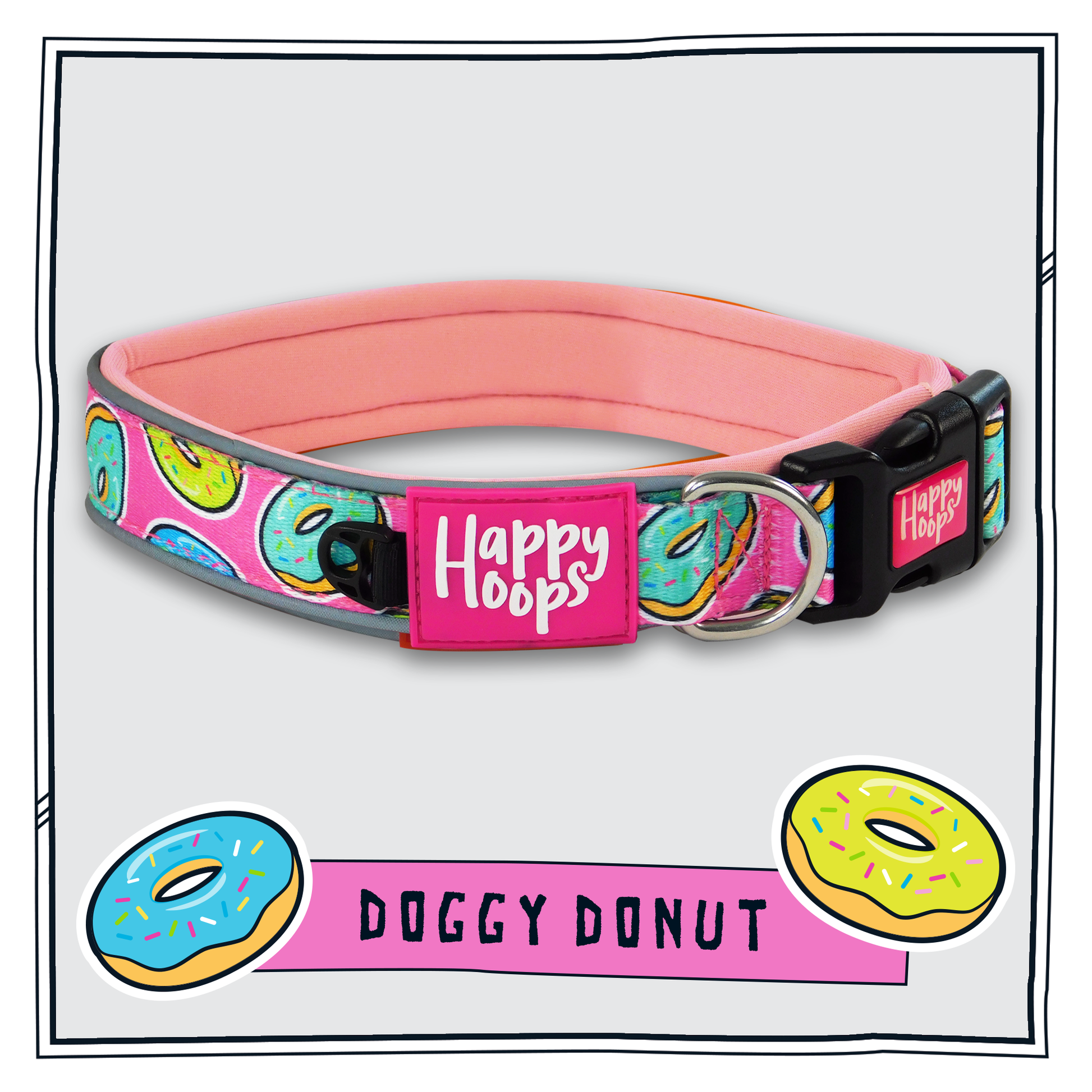 Pink Happy Hoops dog collar with funky donut print design with plush pink neoprene padding, reflective strips and velcro size adjustment