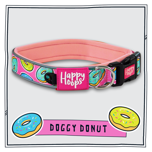 Pink Happy Hoops dog collar with funky donut print design with plush pink neoprene padding, reflective strips and velcro size adjustment