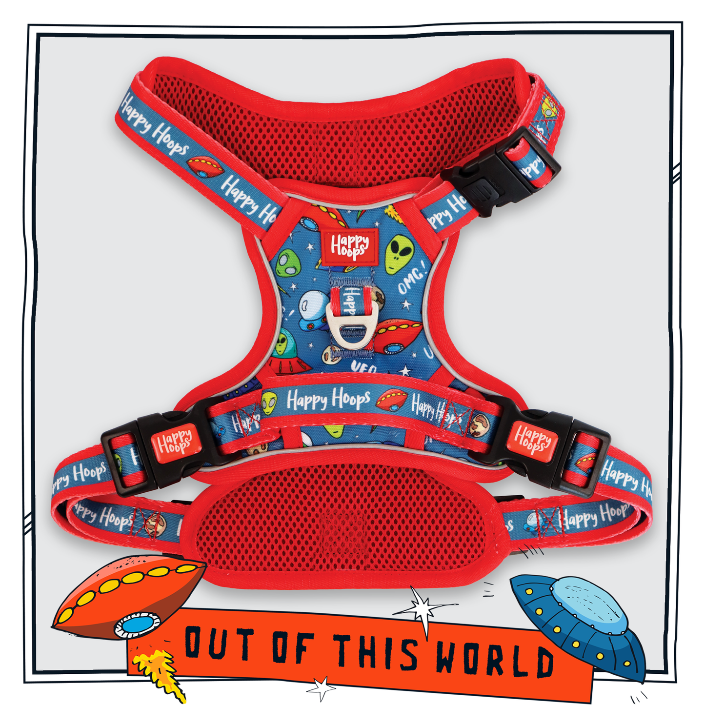 Happy Hoops 'Out of this World' colourful red and blue dog harness with space-themed ufo, alien design 