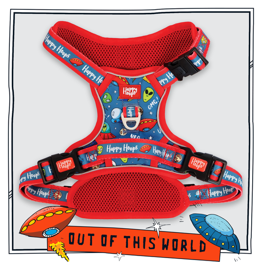 Happy Hoops 'Out of this World' colourful red and blue dog harness with space-themed ufo, alien design 