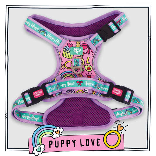 Happy Hoops Puppy Love dog harness with grab handle with funky multicolour love pattern in lilac and pink